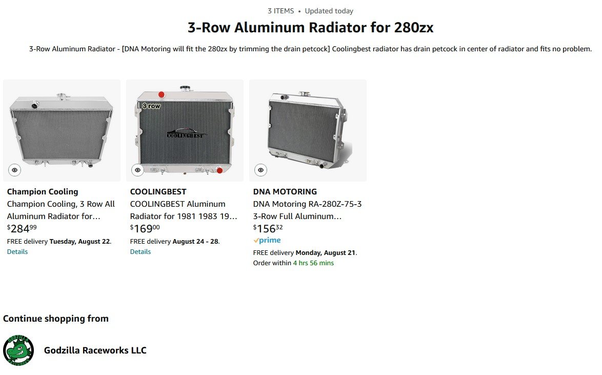 3-Row Aluminum Performance Radiator for 79-83 Datsun 280zx 3-Row Aluminum Performance Radiator for 79-83 Datsun 280zx